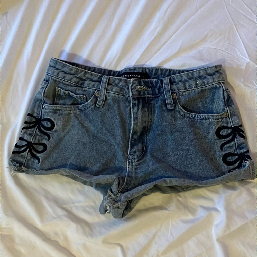 Aeropostale Blue Jean Shorts with Black Bow Embroidery